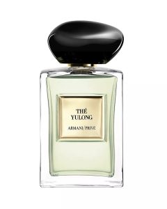 Armani Yulong tea scented perfume placed with misty green visuals