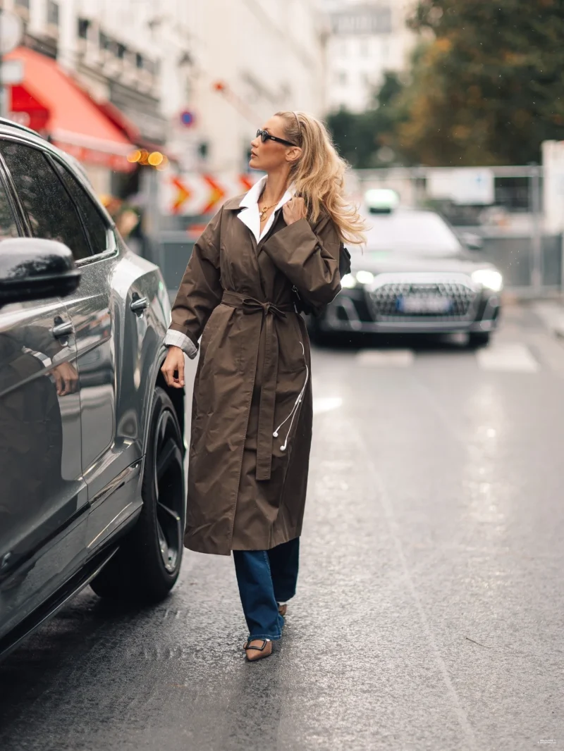 Bella Hadid walking the streets of Paris in a brown fall street style outfit